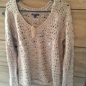 American Eagle V Neck Cable Knit Taupe Med NWT